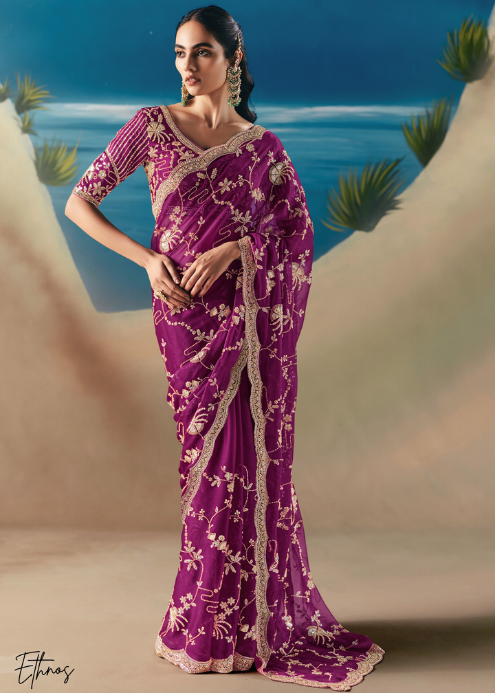 Magenta Purple Sequins Organza Saree