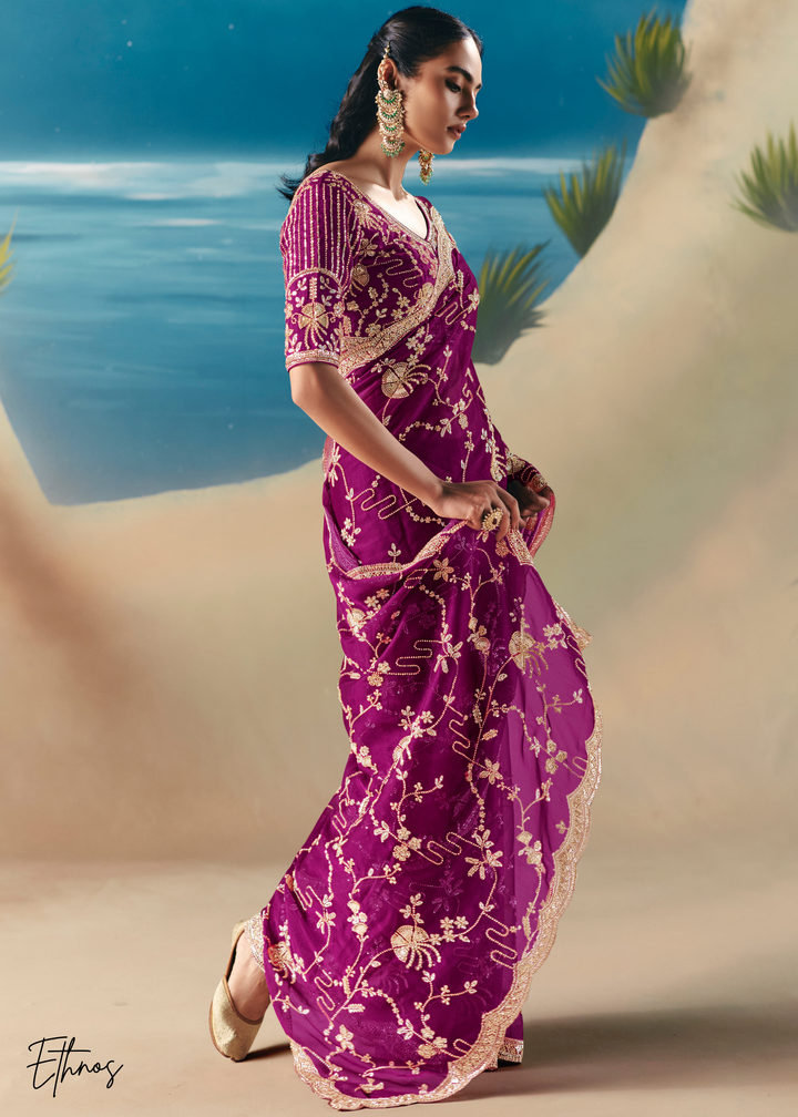 Magenta Purple Sequins Organza Saree