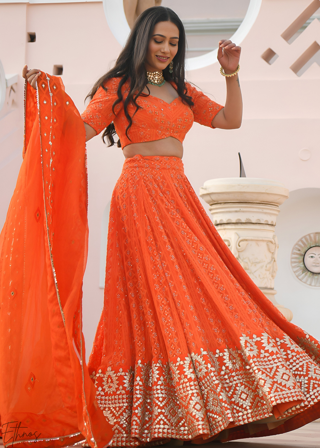 Marigold Orange Diamond-Geo Georgette Lehenga