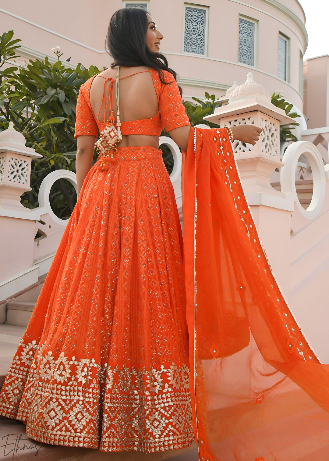 Marigold Orange Diamond-Geo Georgette Lehenga