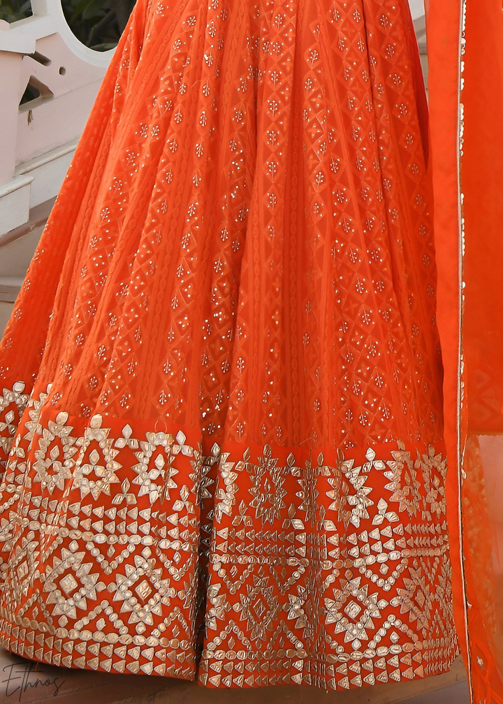 Marigold Orange Diamond-Geo Georgette Lehenga
