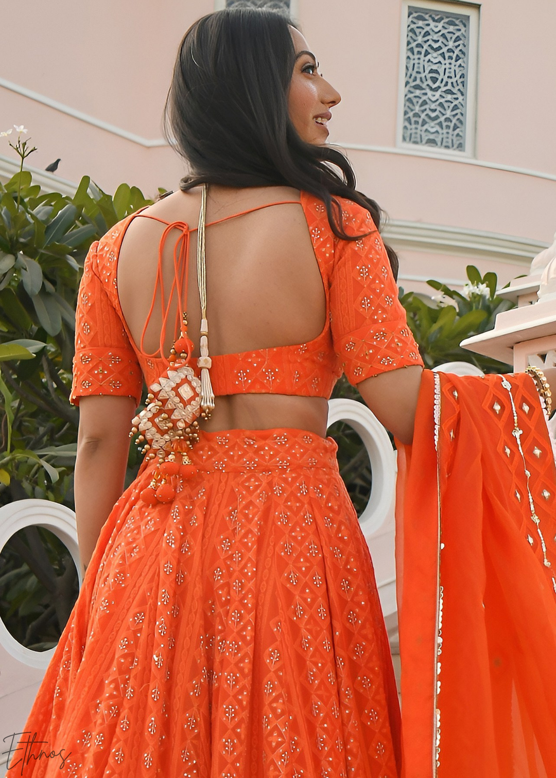Marigold Orange Diamond-Geo Georgette Lehenga