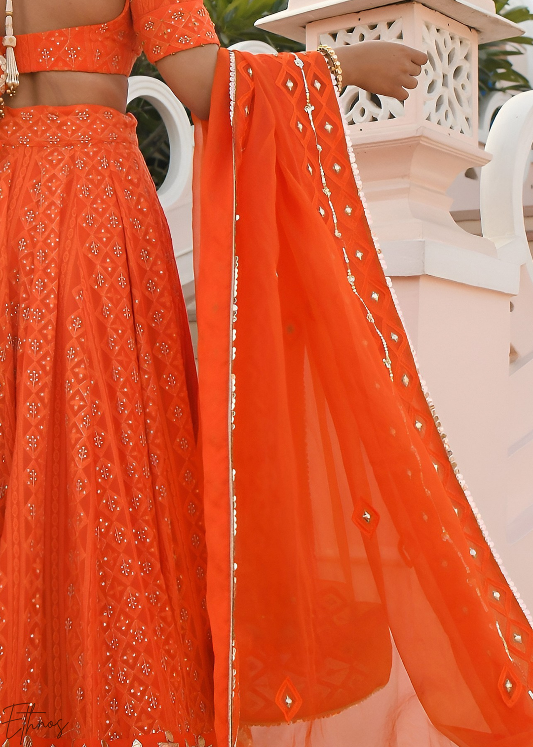 Marigold Orange Diamond-Geo Georgette Lehenga
