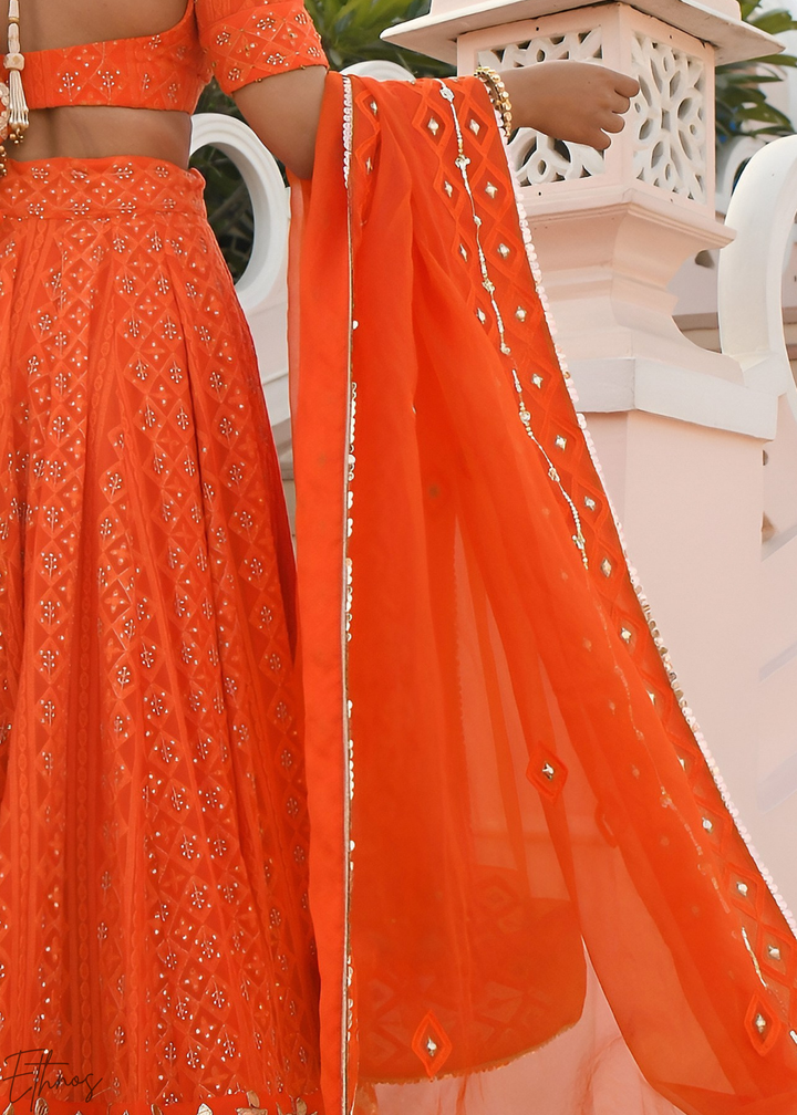 Marigold Orange Diamond-Geo Georgette Lehenga