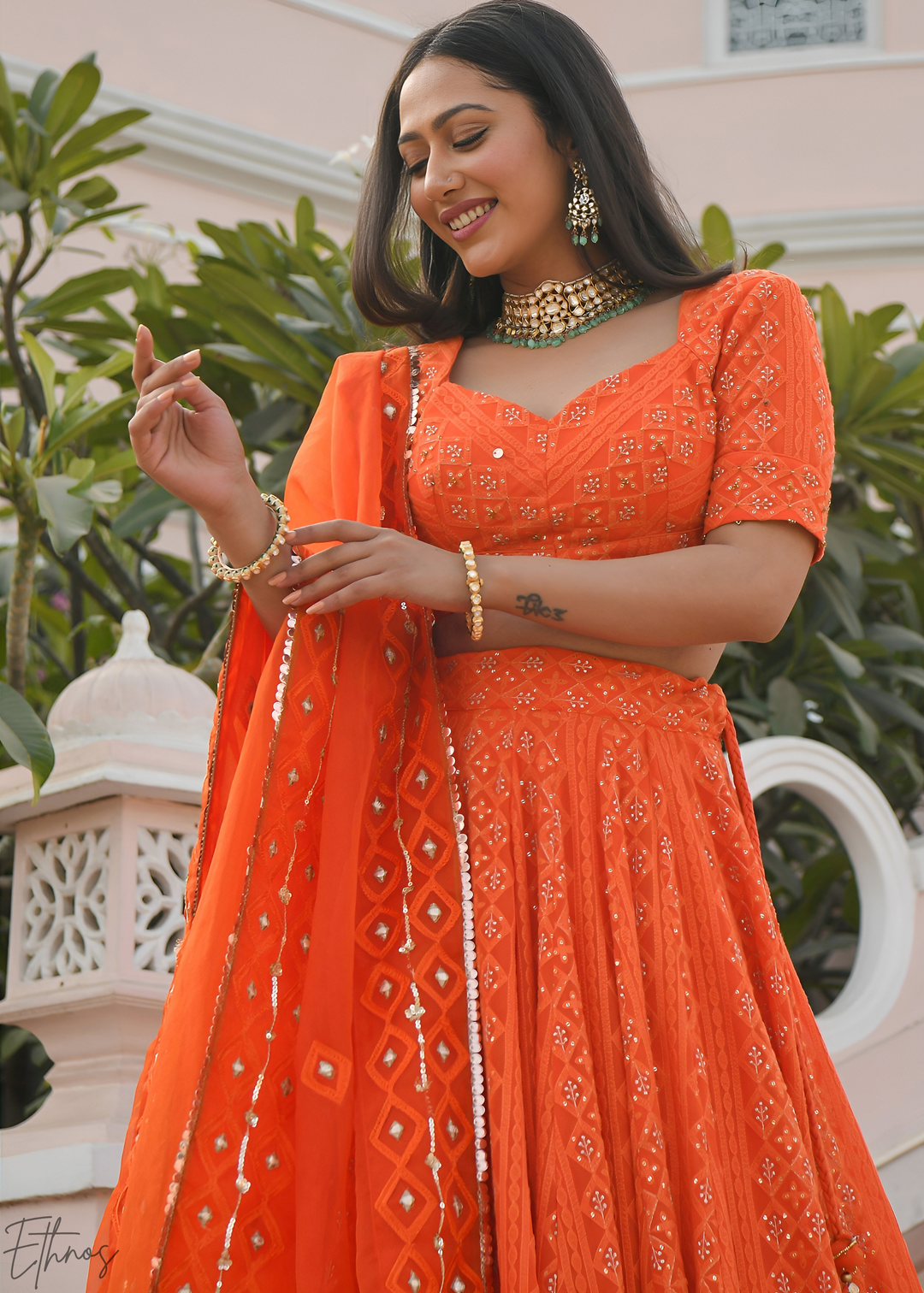 Marigold Orange Diamond-Geo Georgette Lehenga