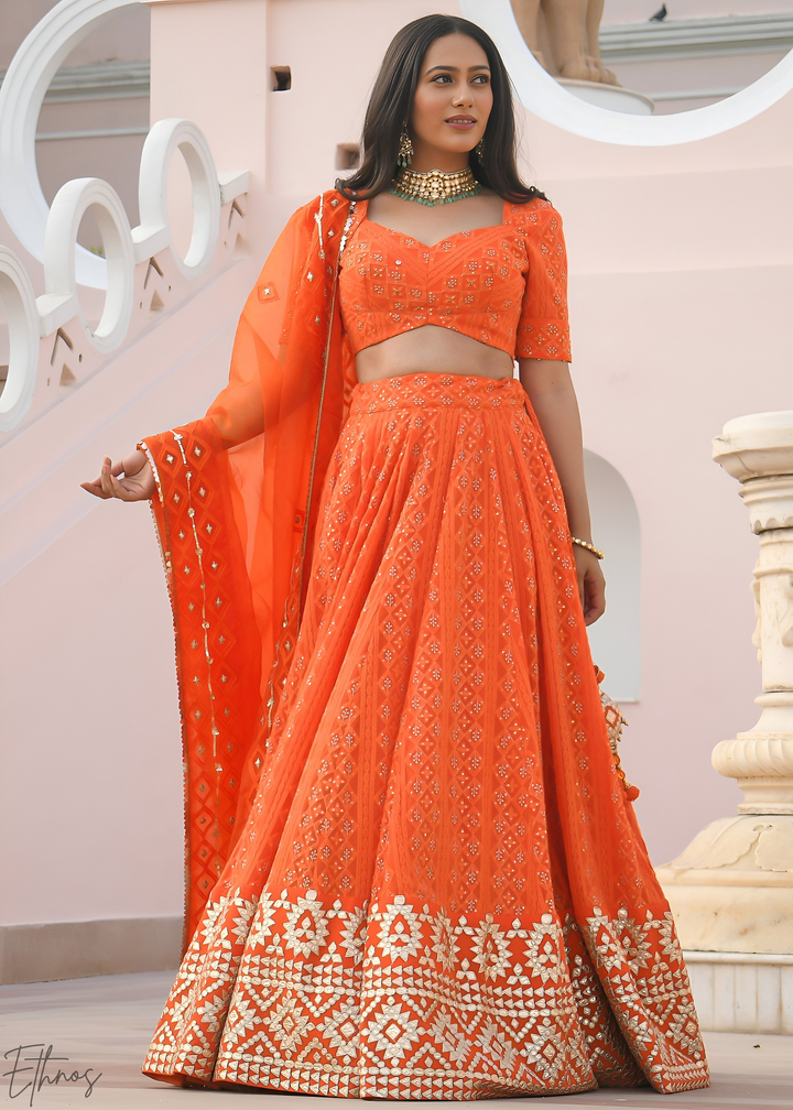 Marigold Orange Diamond-Geo Georgette Lehenga