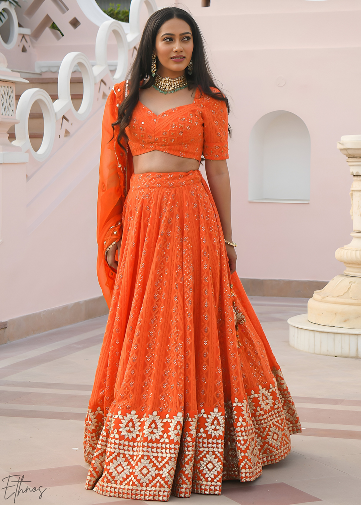 Marigold Orange Diamond-Geo Georgette Lehenga