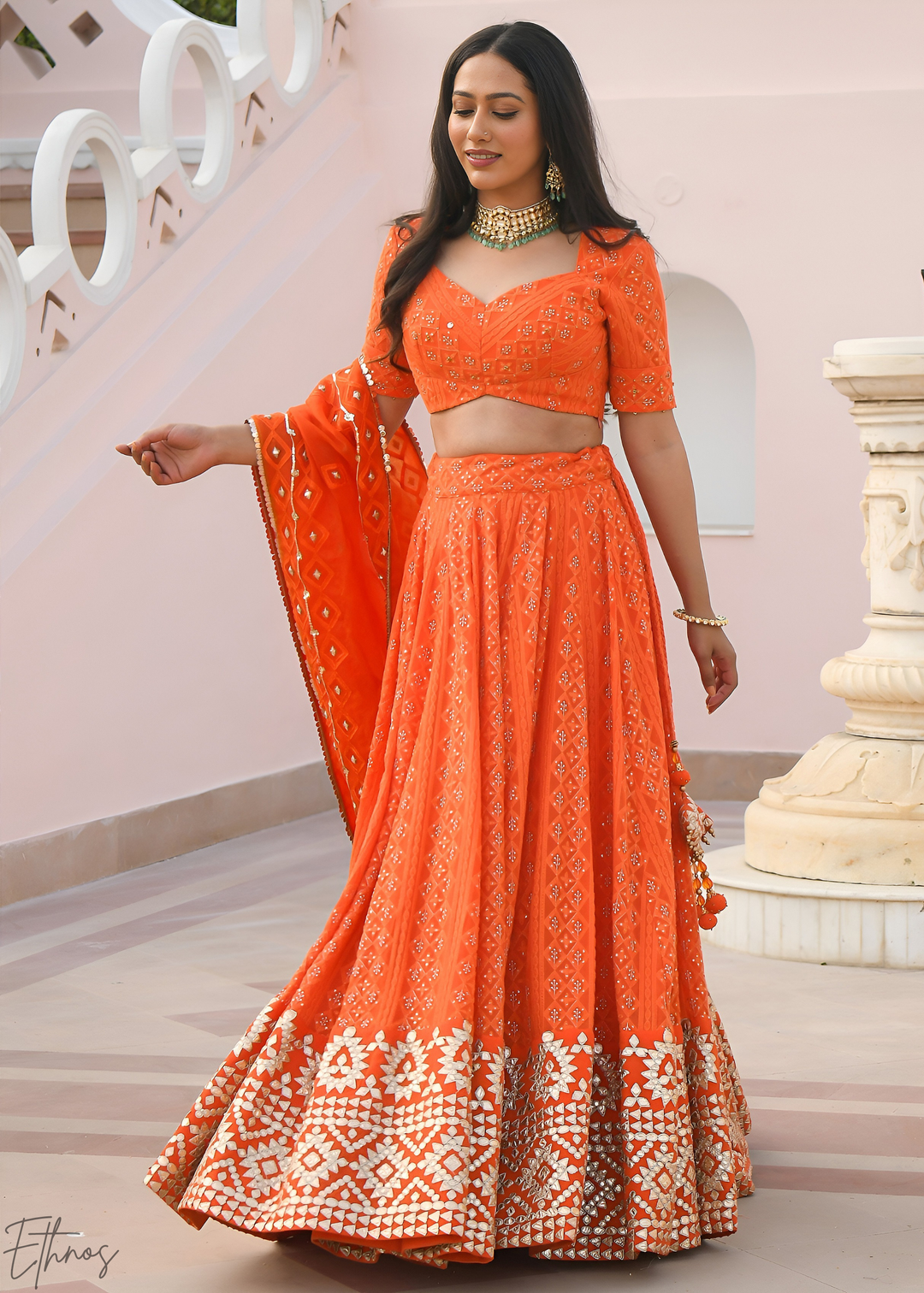 Marigold Orange Diamond-Geo Georgette Lehenga