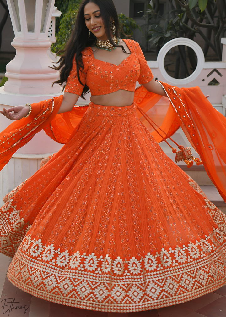Marigold Orange Diamond-Geo Georgette Lehenga