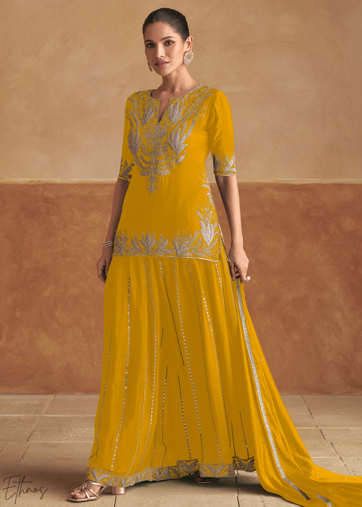 Marigold Yellow Baroque-Embroidered Chinon Sharara Suit
