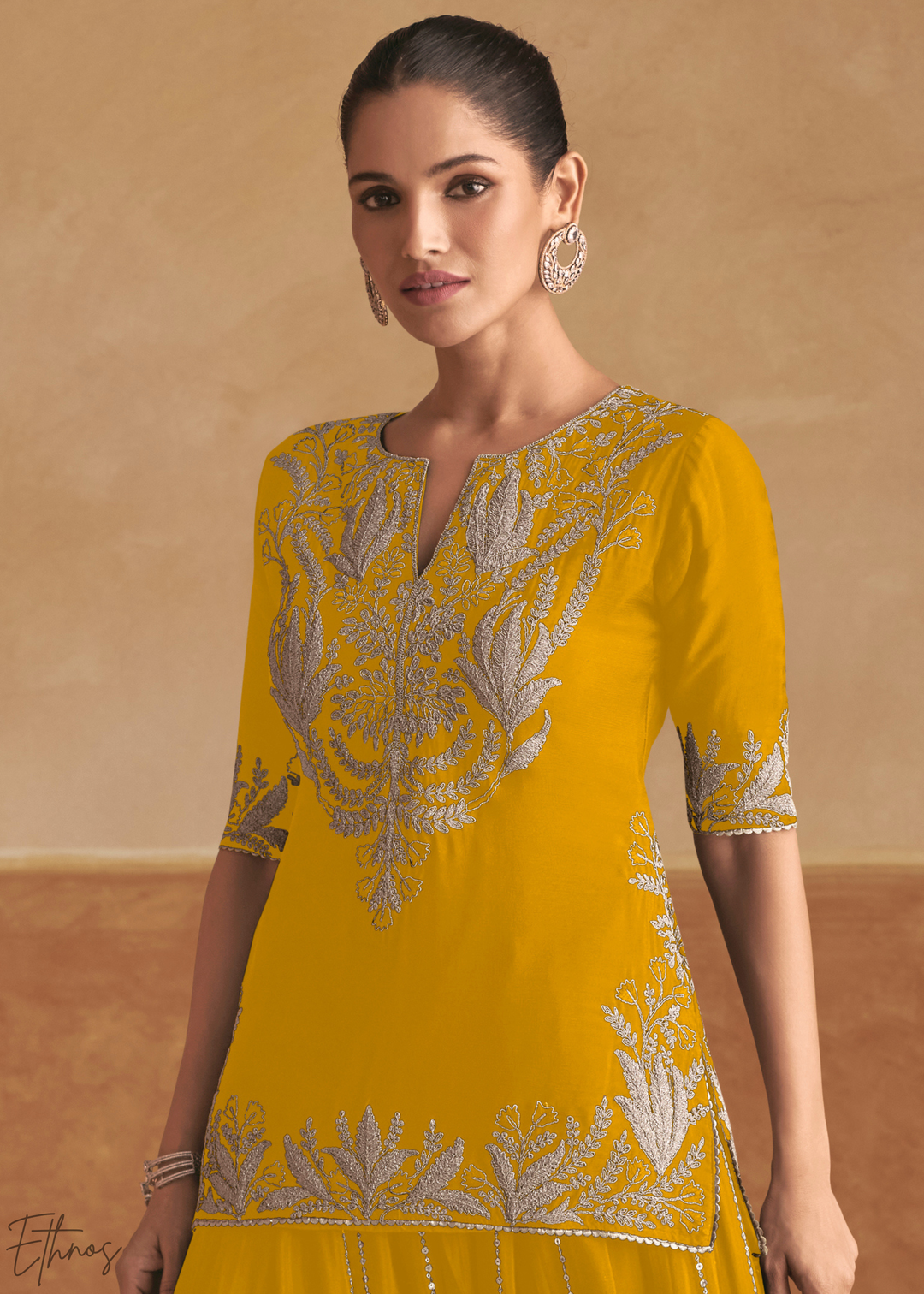 Marigold Yellow Baroque-Embroidered Chinon Sharara Suit