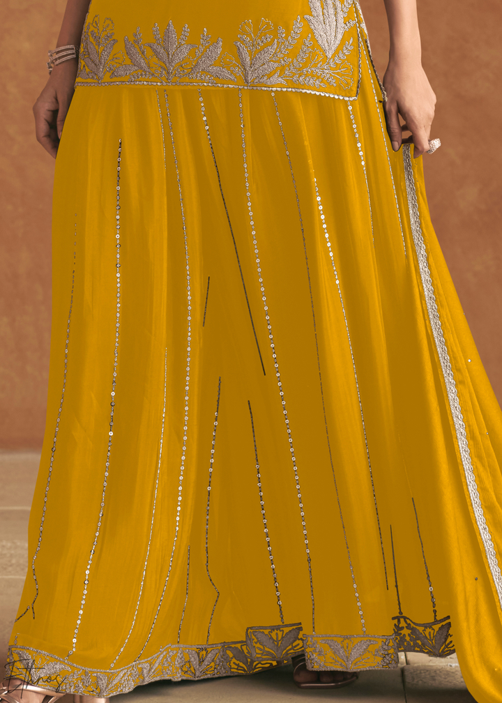 Marigold Yellow Baroque-Embroidered Chinon Sharara Suit