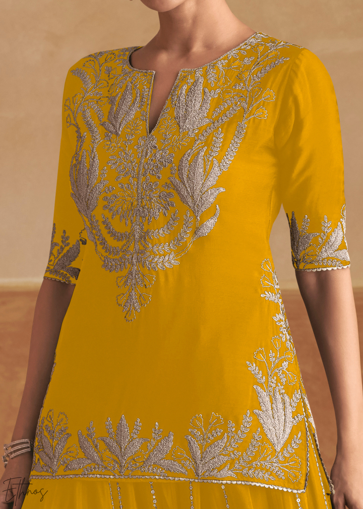Marigold Yellow Baroque-Embroidered Chinon Sharara Suit