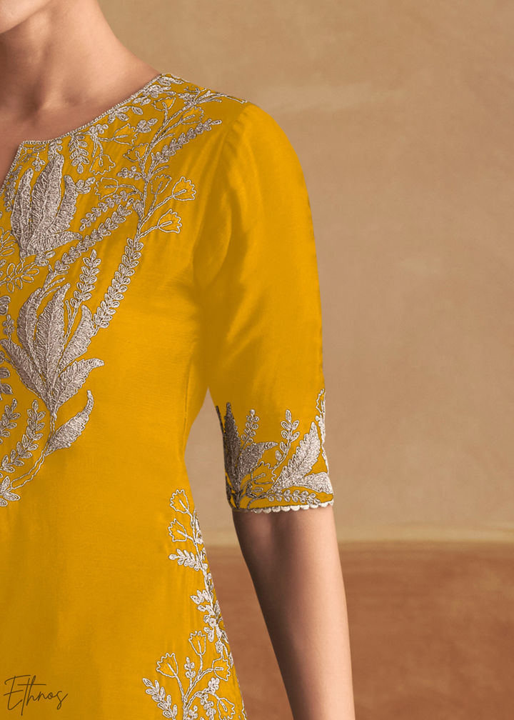 Marigold Yellow Baroque-Embroidered Chinon Sharara Suit