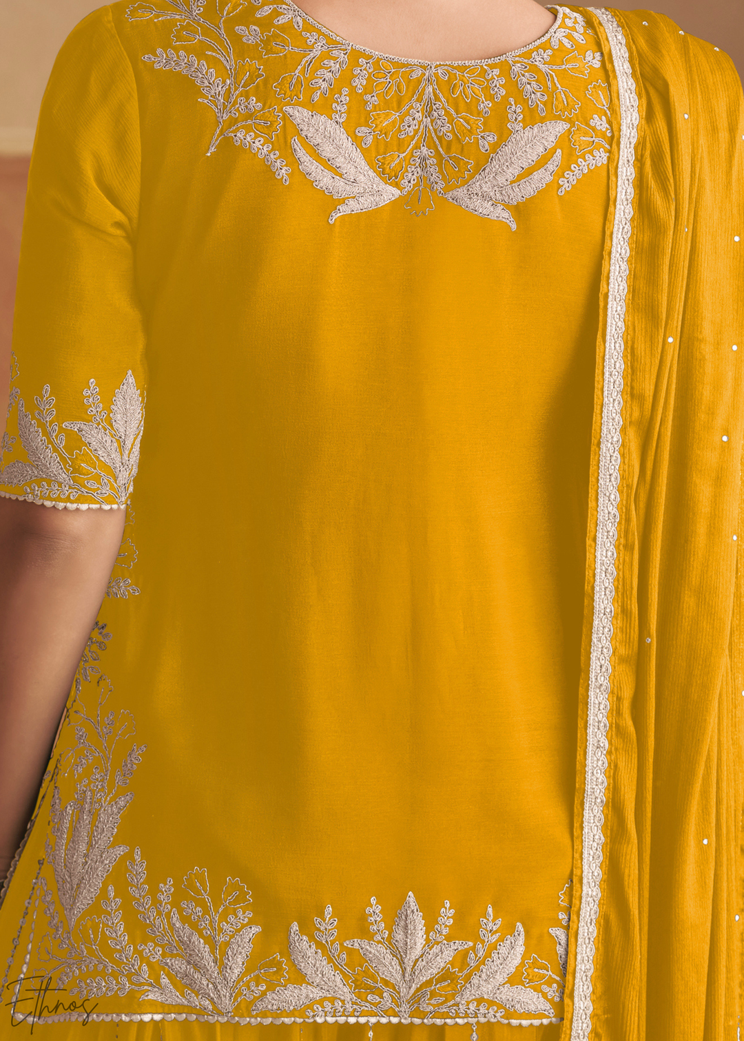 Marigold Yellow Baroque-Embroidered Chinon Sharara Suit