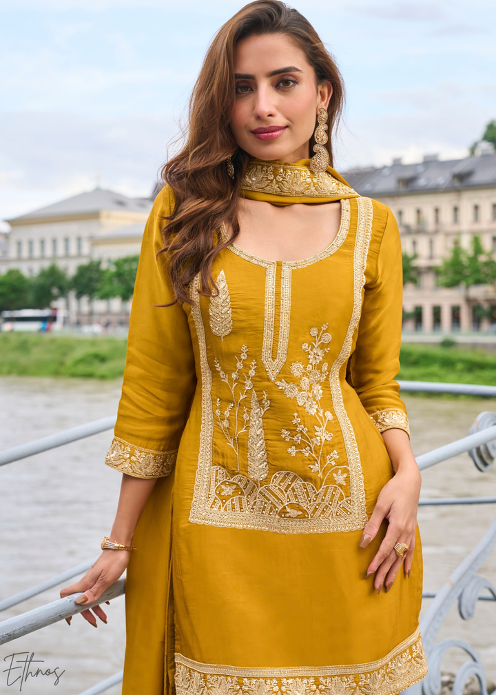Marigold Yellow Gilded Silk Sharara Suit