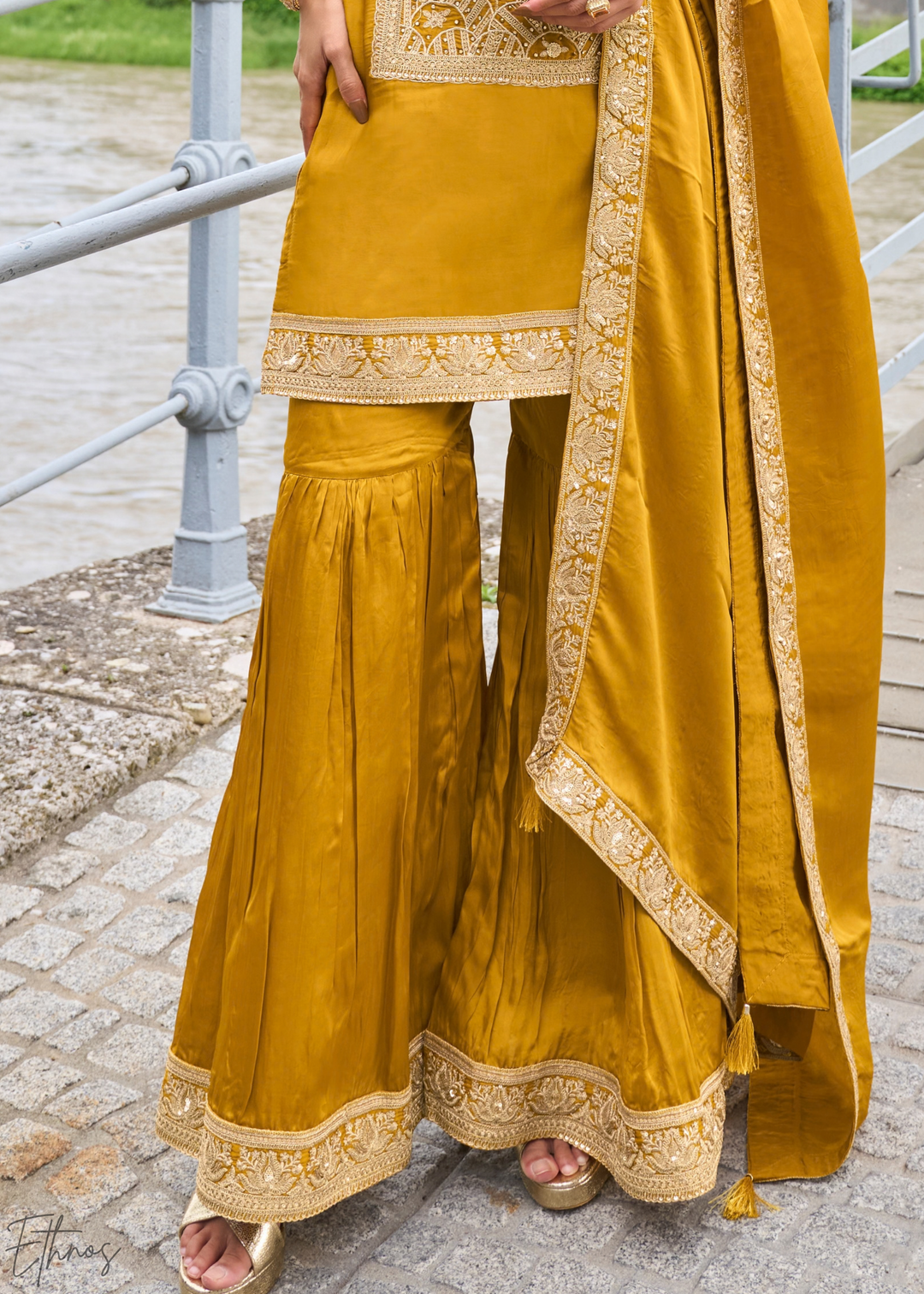 Marigold Yellow Gilded Silk Sharara Suit