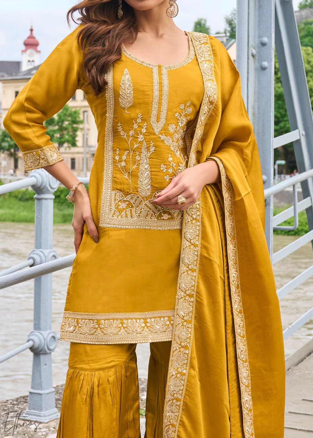Marigold Yellow Gilded Silk Sharara Suit