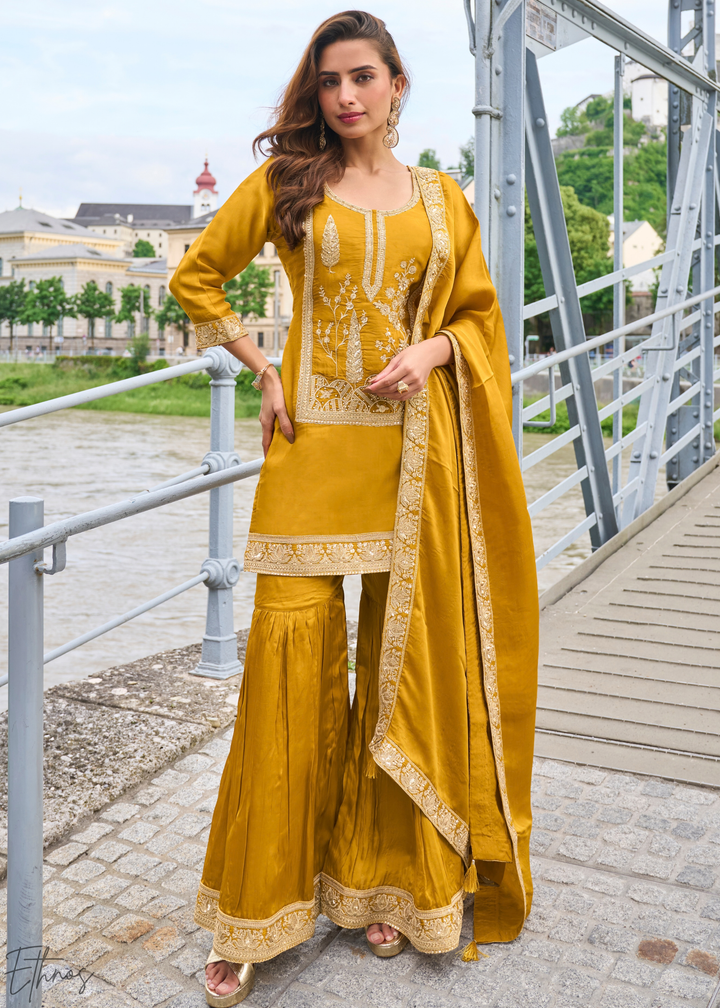 Marigold Yellow Gilded Silk Sharara Suit