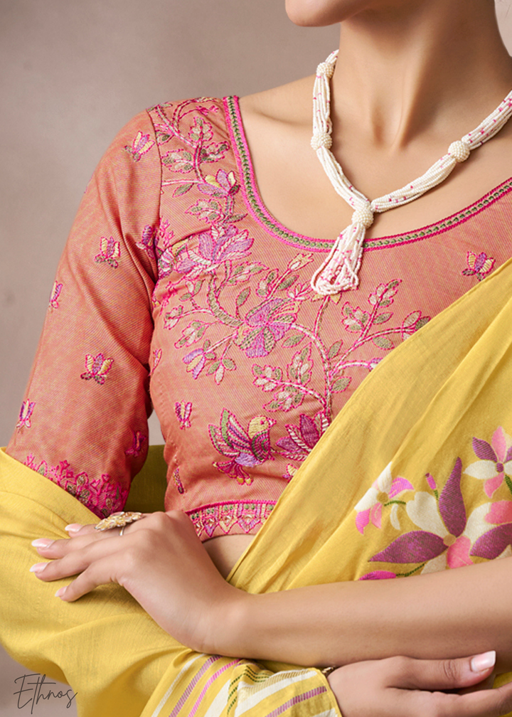 Marigold Yellow Meadow Flora Viscose Silk Saree