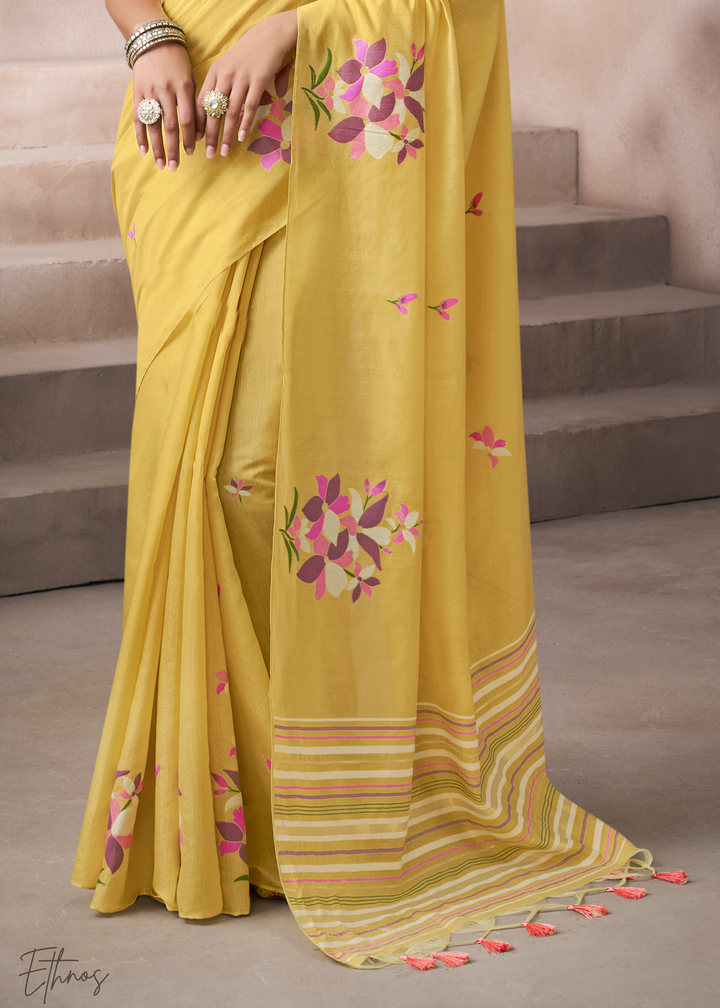 Marigold Yellow Meadow Flora Viscose Silk Saree