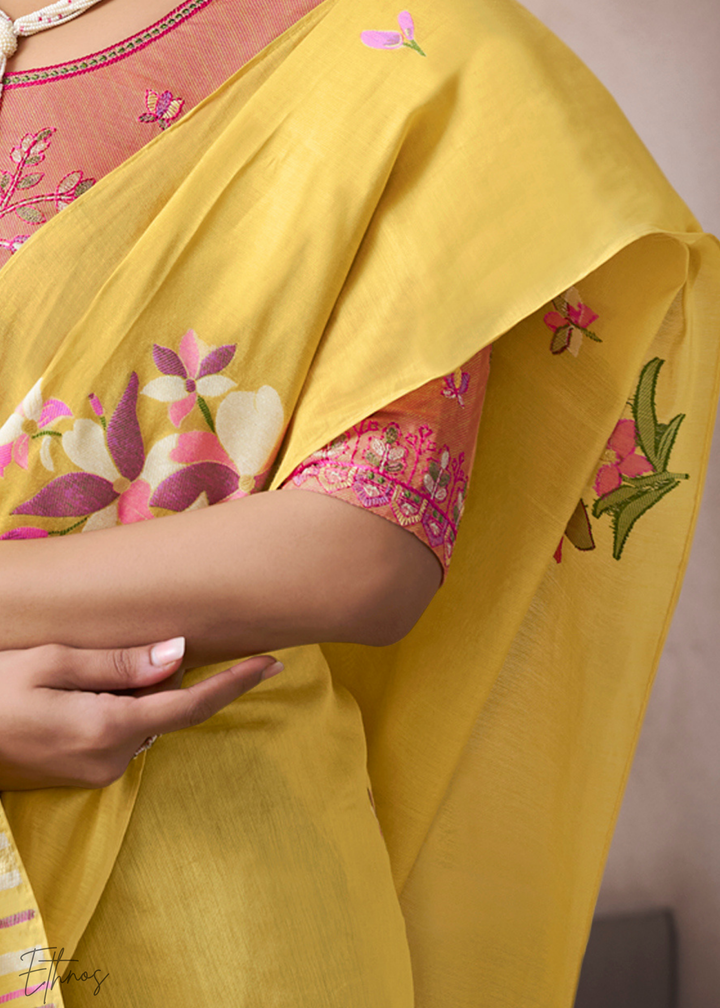 Marigold Yellow Meadow Flora Viscose Silk Saree