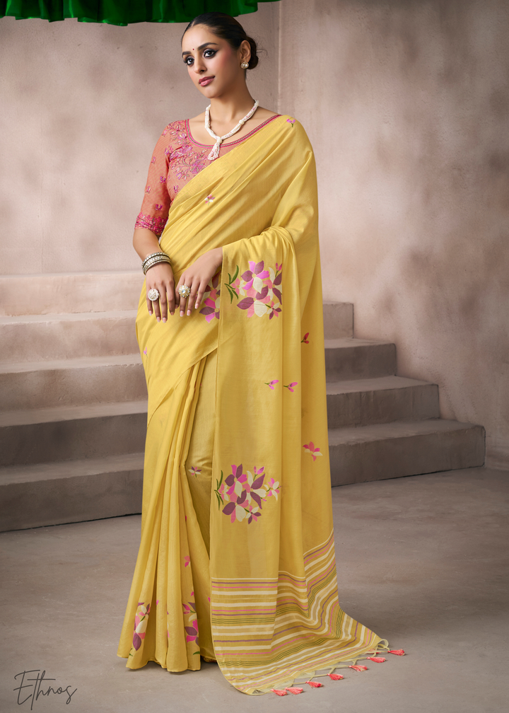 Marigold Yellow Meadow Flora Viscose Silk Saree