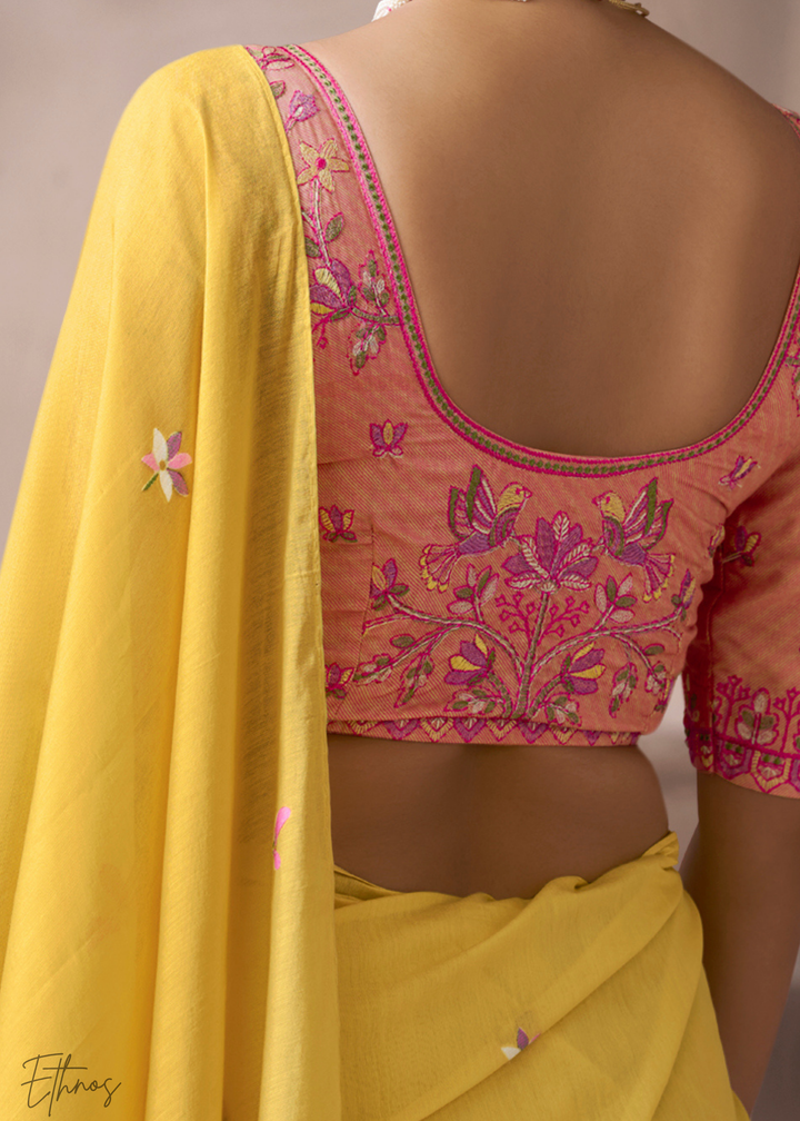 Marigold Yellow Meadow Flora Viscose Silk Saree