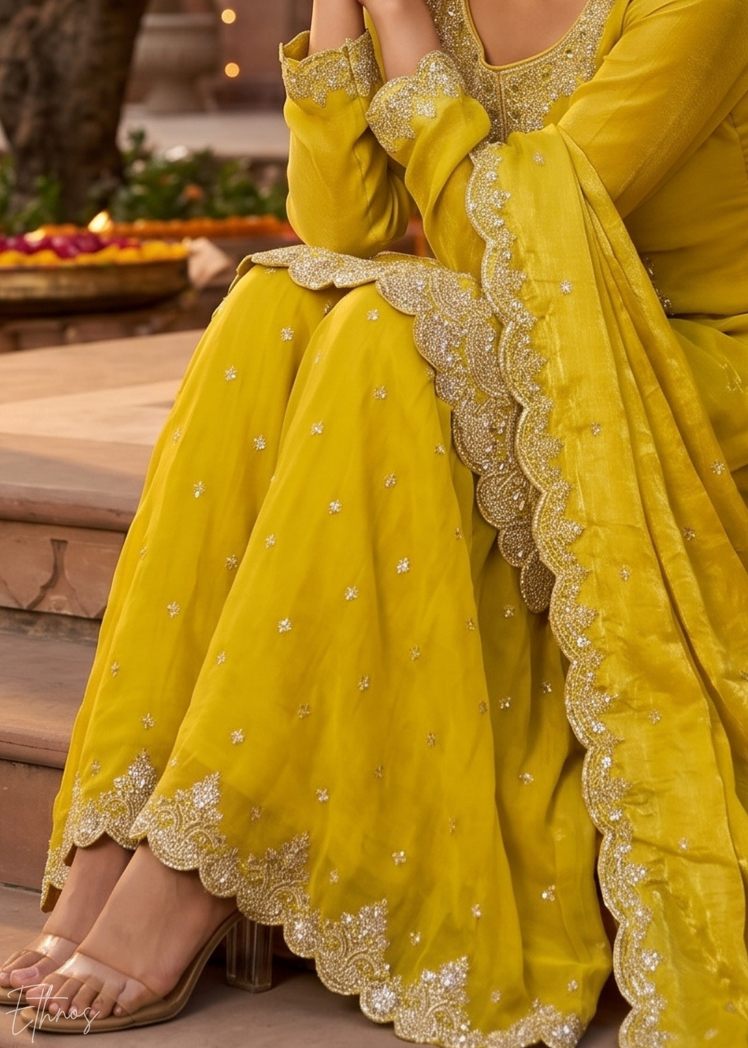 Marigold Yellow Regal-Embroidered Silk Sharara Suit