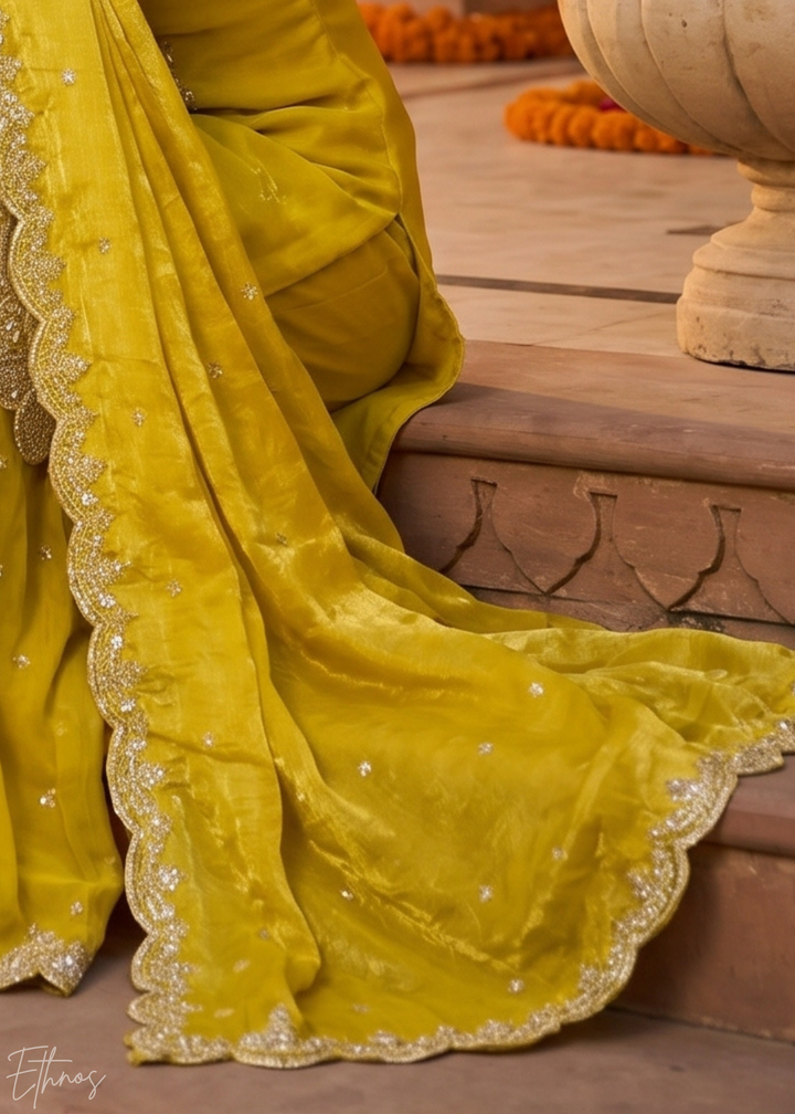 Marigold Yellow Regal-Embroidered Silk Sharara Suit