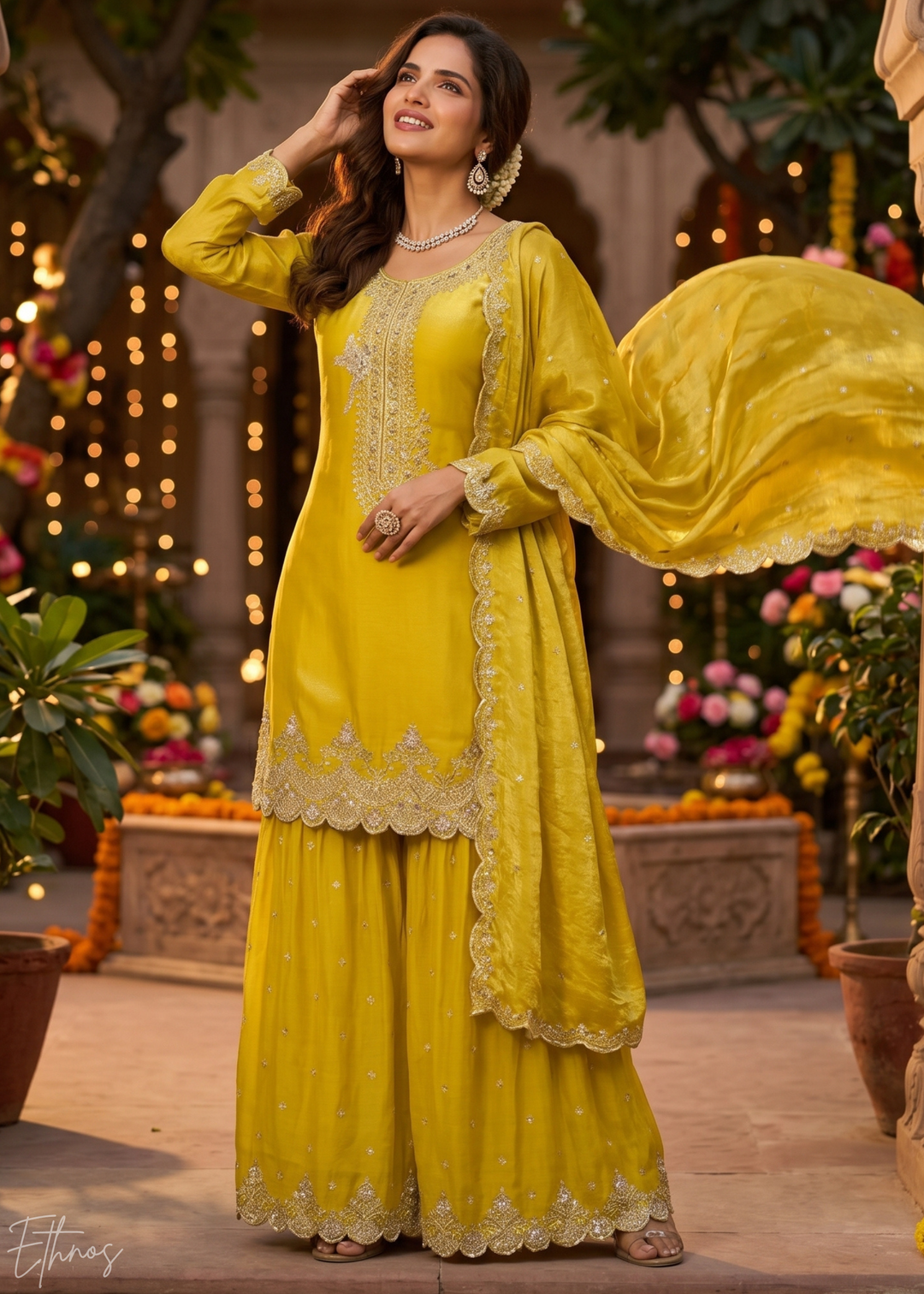 Marigold Yellow Regal-Embroidered Silk Sharara Suit