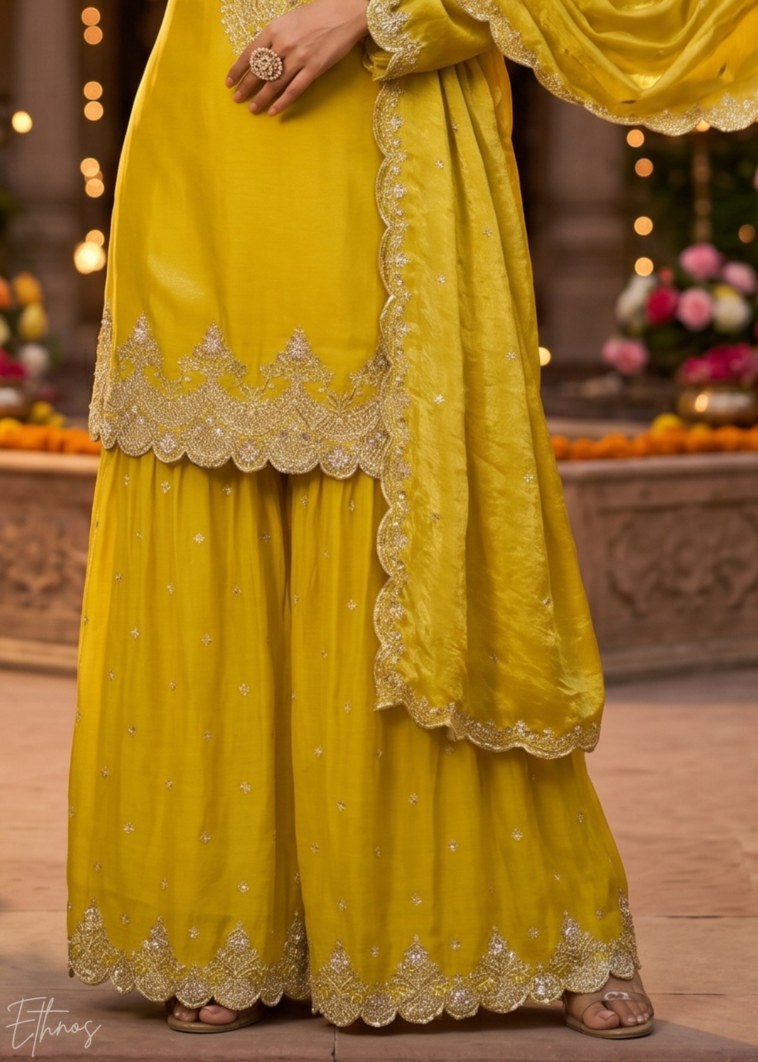 Marigold Yellow Regal-Embroidered Silk Sharara Suit
