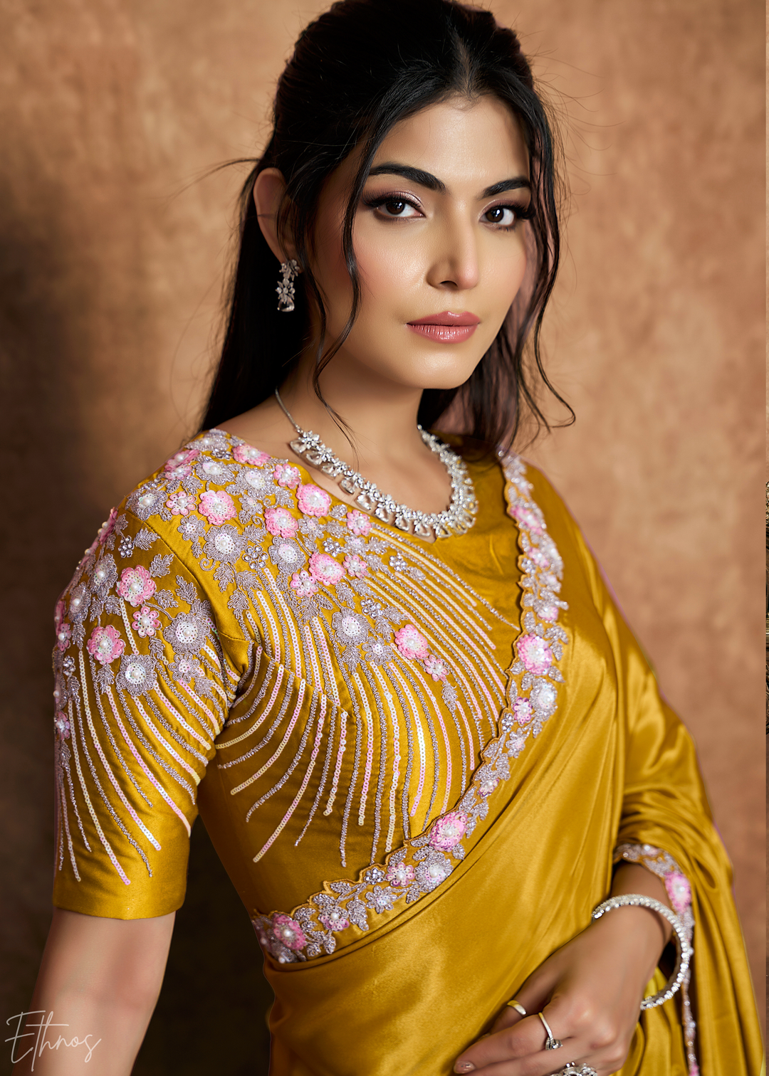 Marigold Yellow Sequin Embroidered Pure Crepe Satin Saree
