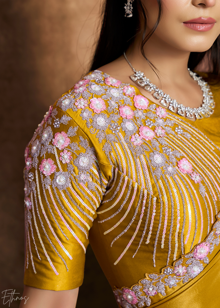 Marigold Yellow Sequin Embroidered Pure Crepe Satin Saree