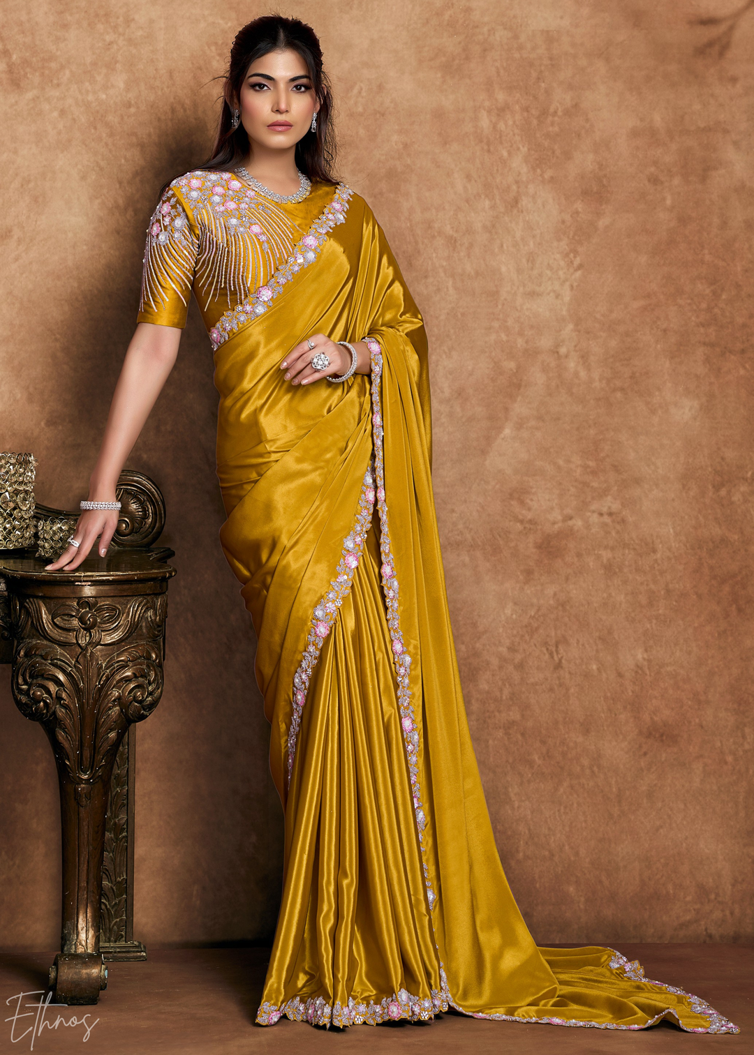 Marigold Yellow Sequin Embroidered Pure Crepe Satin Saree