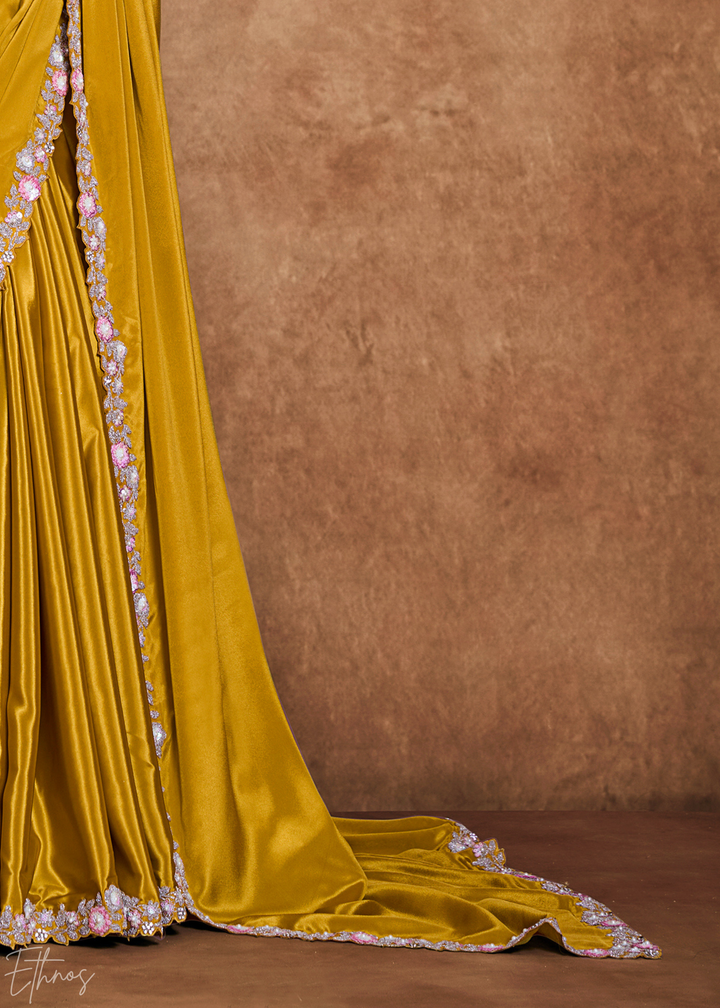Marigold Yellow Sequin Embroidered Pure Crepe Satin Saree