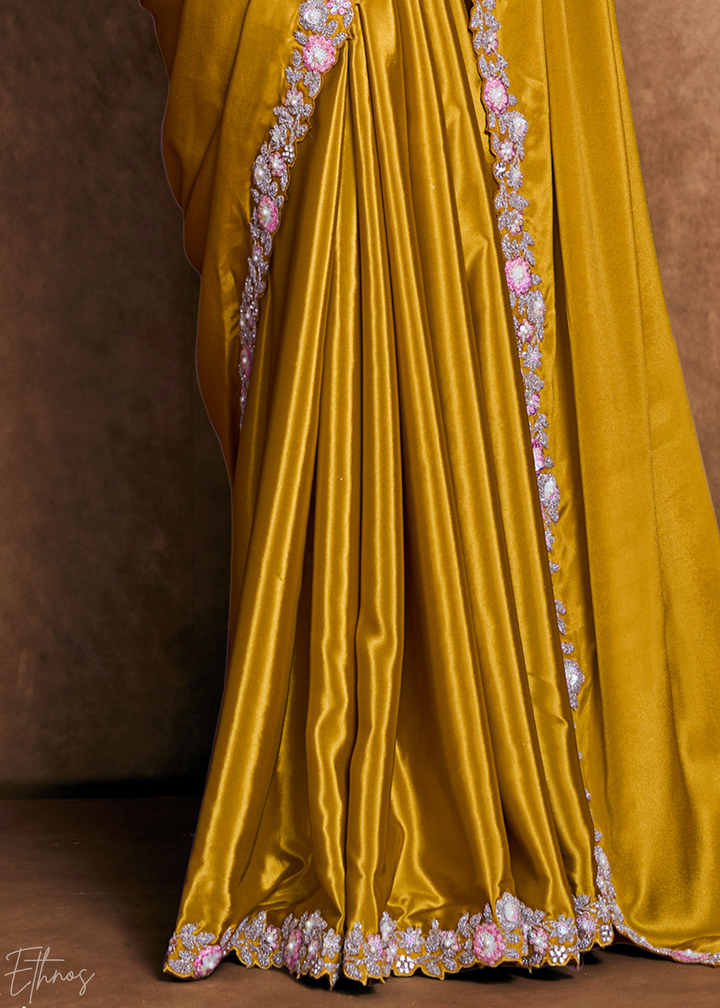 Marigold Yellow Sequin Embroidered Pure Crepe Satin Saree