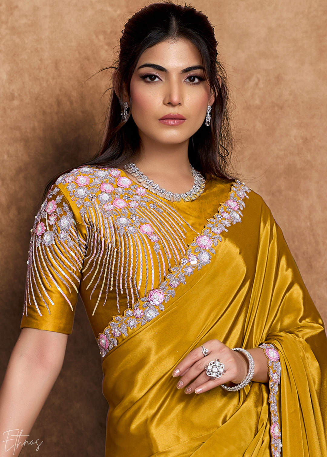 Marigold Yellow Sequin Embroidered Pure Crepe Satin Saree