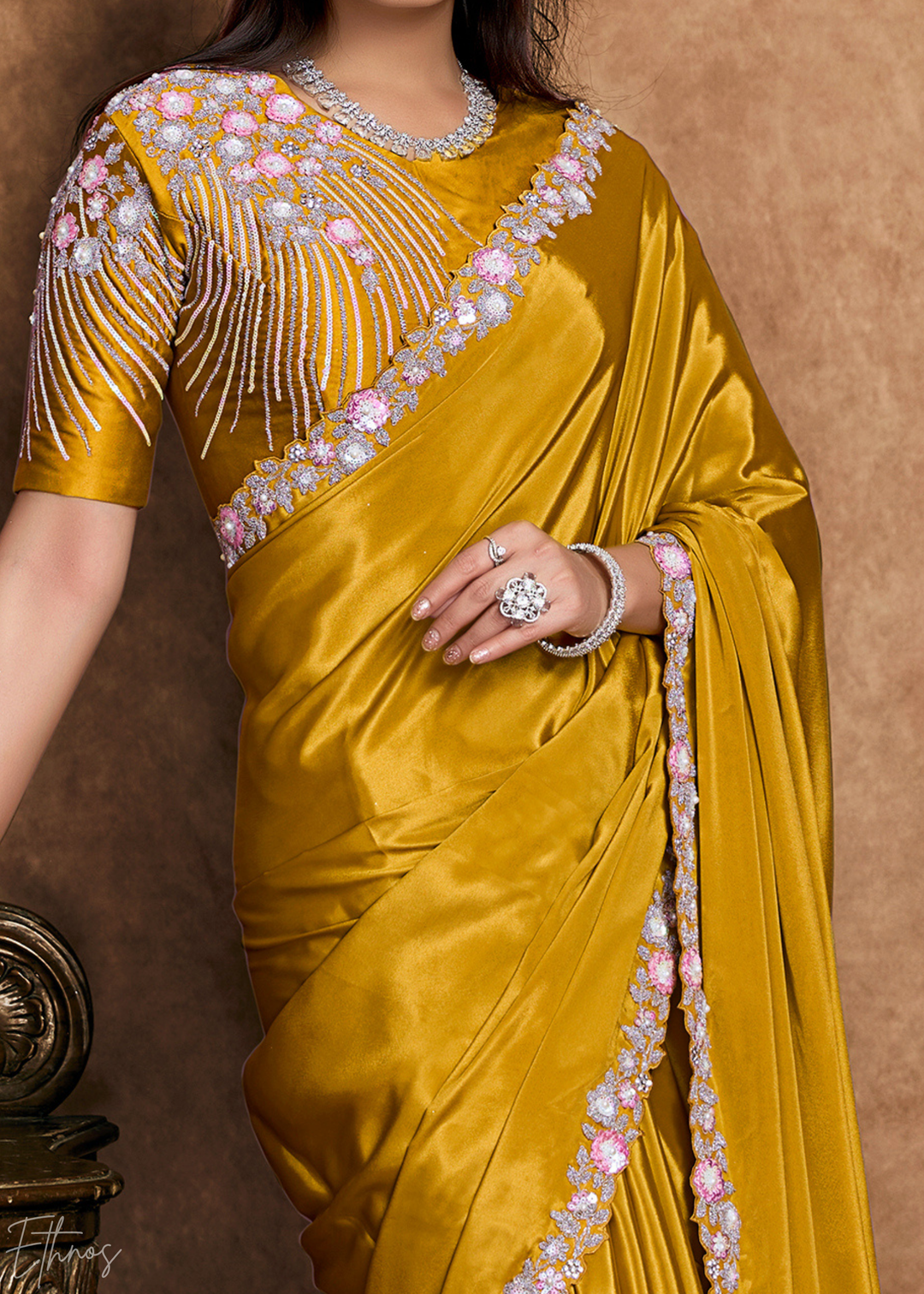 Marigold Yellow Sequin Embroidered Pure Crepe Satin Saree
