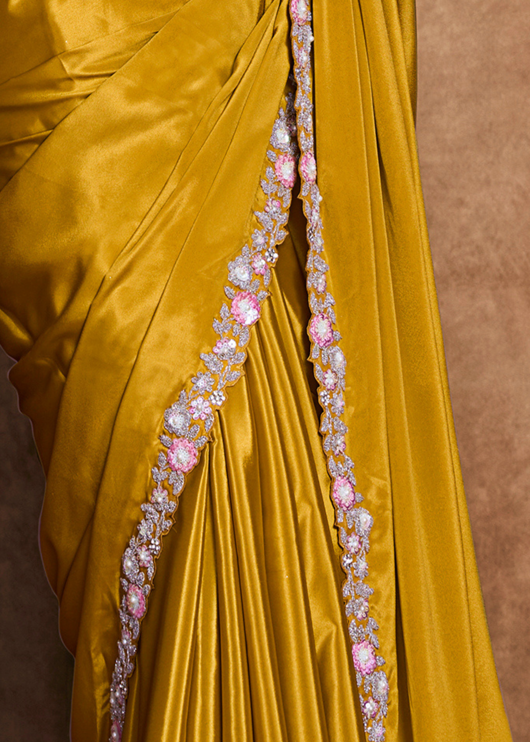 Marigold Yellow Sequin Embroidered Pure Crepe Satin Saree