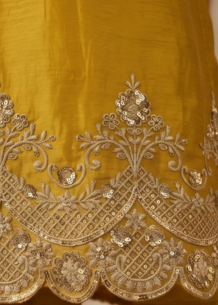 Marigold Yellow Regal-Embroidered Silk Sharara Suit
