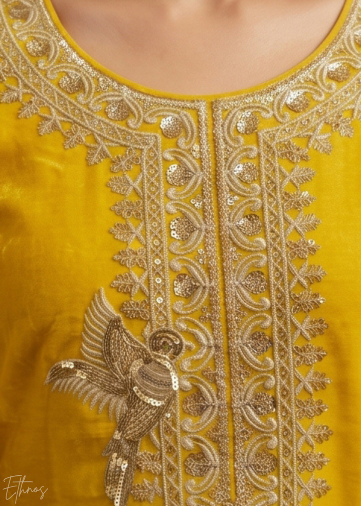 Marigold Yellow Regal-Embroidered Silk Sharara Suit