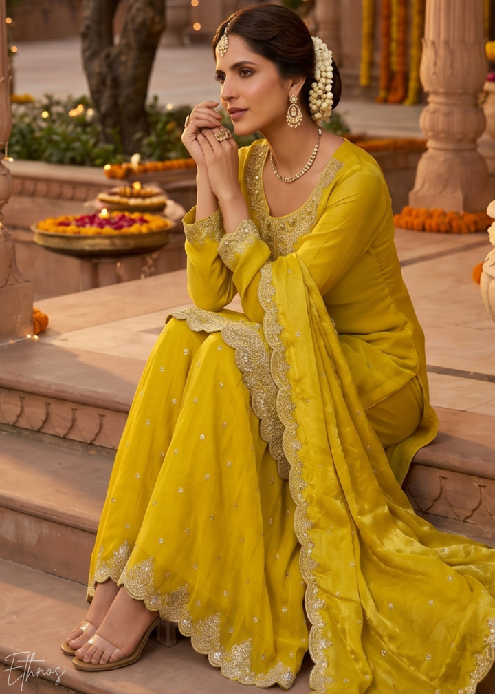 Marigold Yellow Regal-Embroidered Silk Sharara Suit