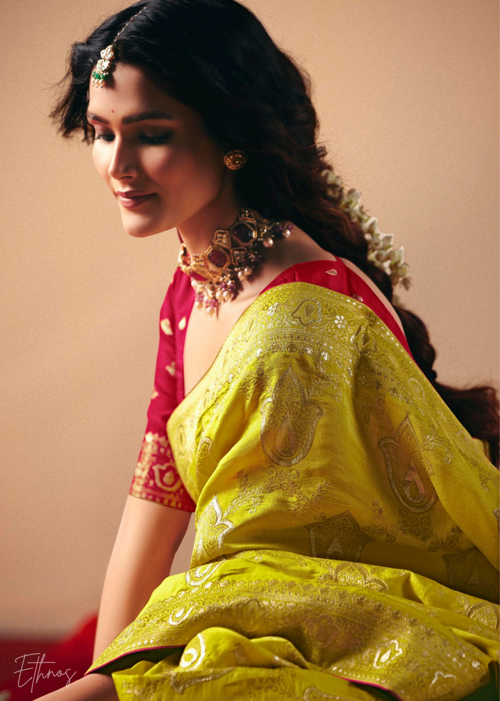 Marigold Yellow Zari Dola Silk Saree