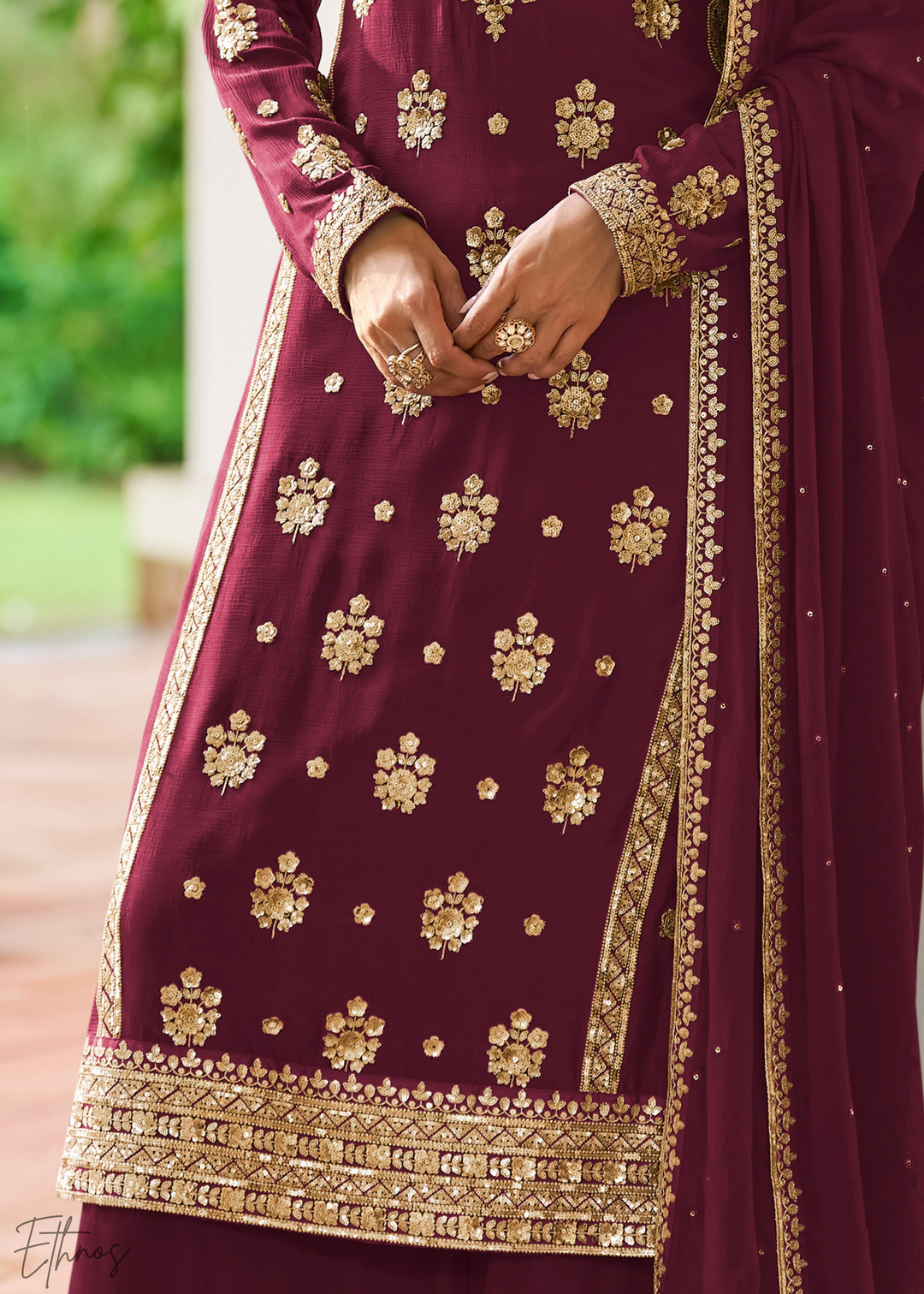 Maroon Embroidered Chinon Palazzo Suit
