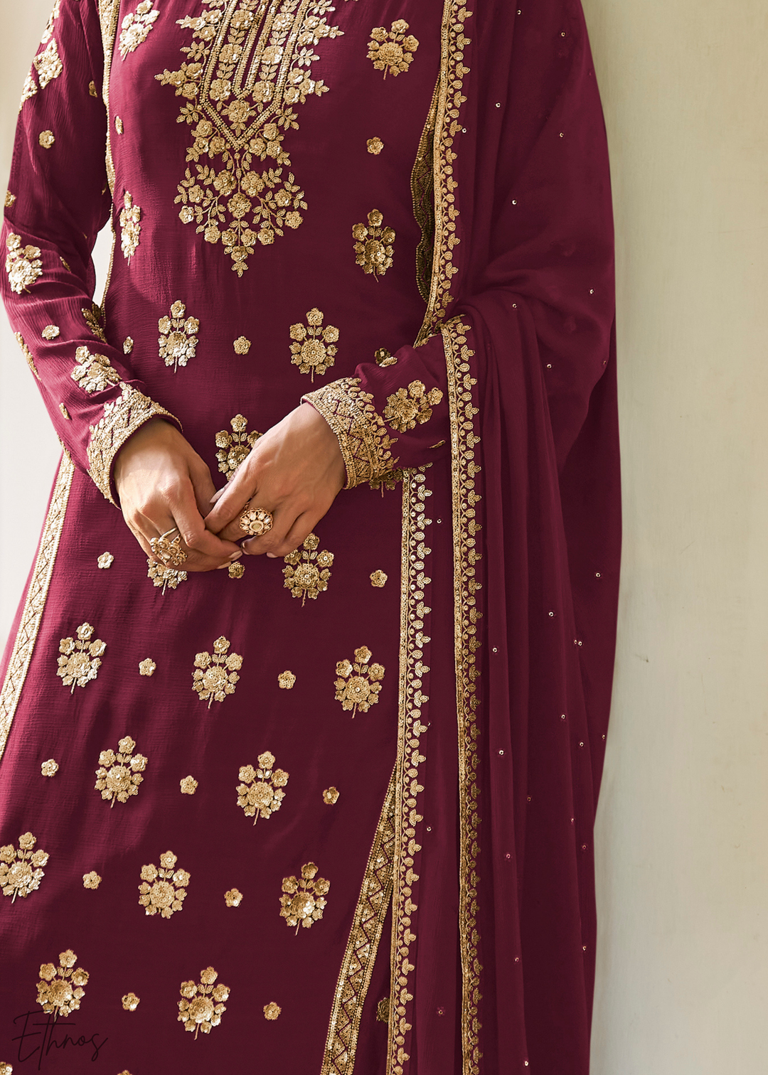 Maroon Embroidered Chinon Palazzo Suit