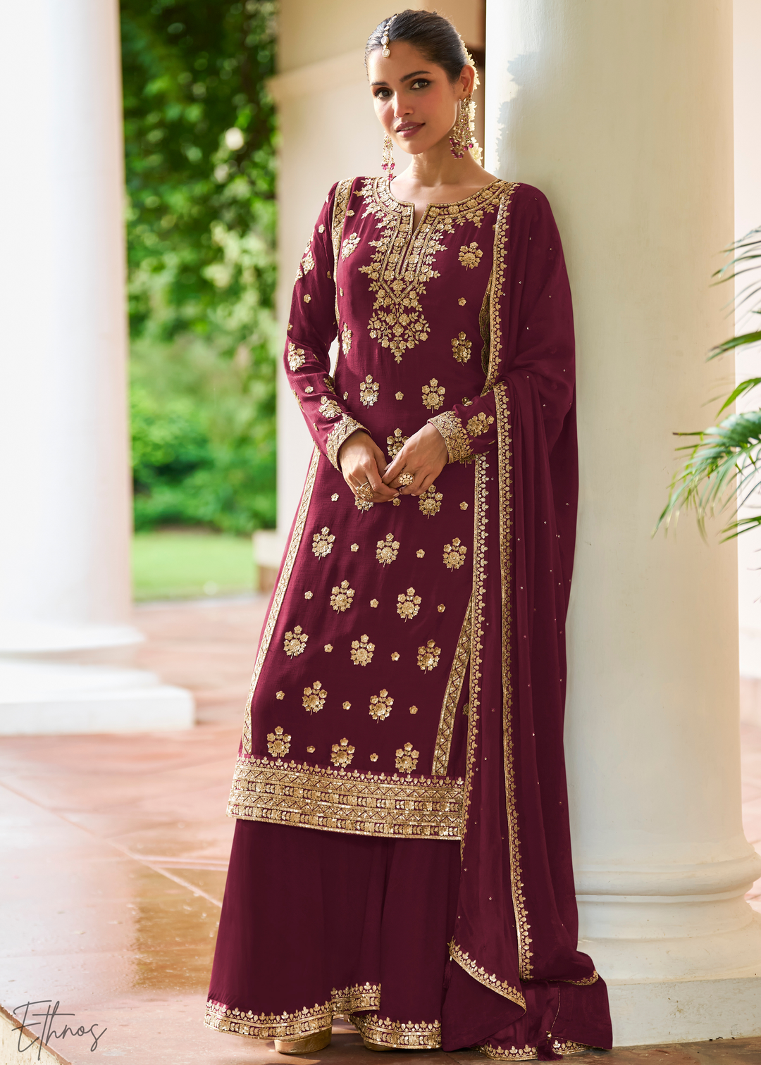 Maroon Embroidered Chinon Palazzo Suit