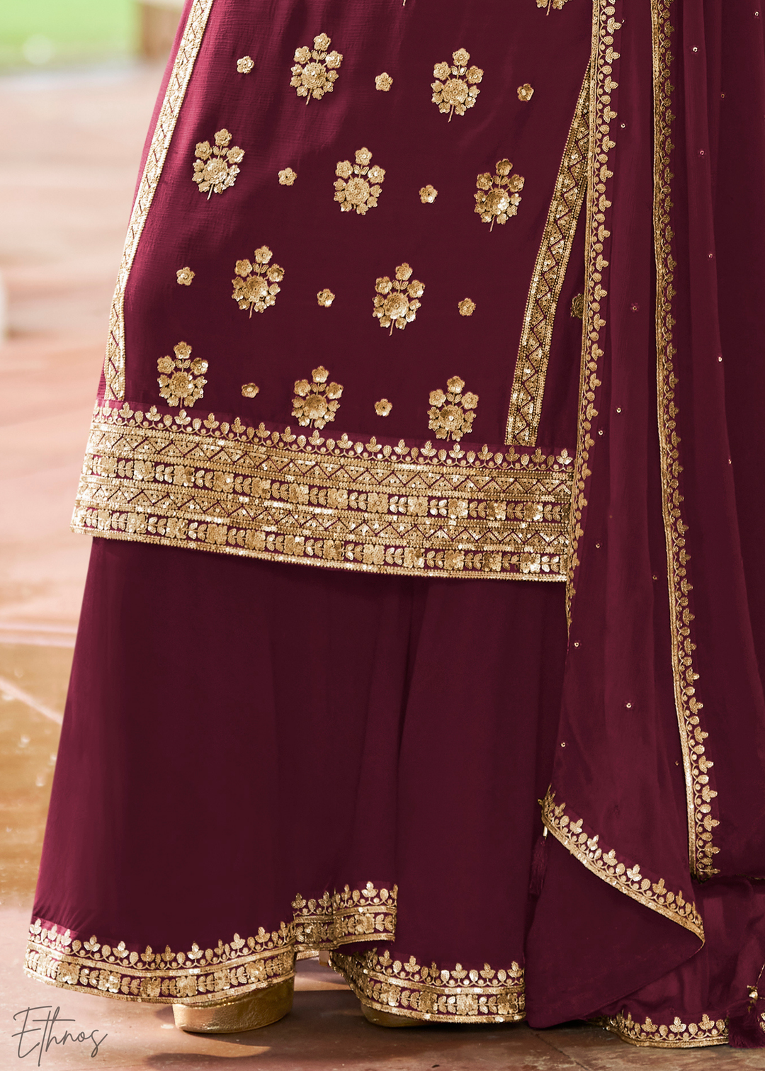 Maroon Embroidered Chinon Palazzo Suit