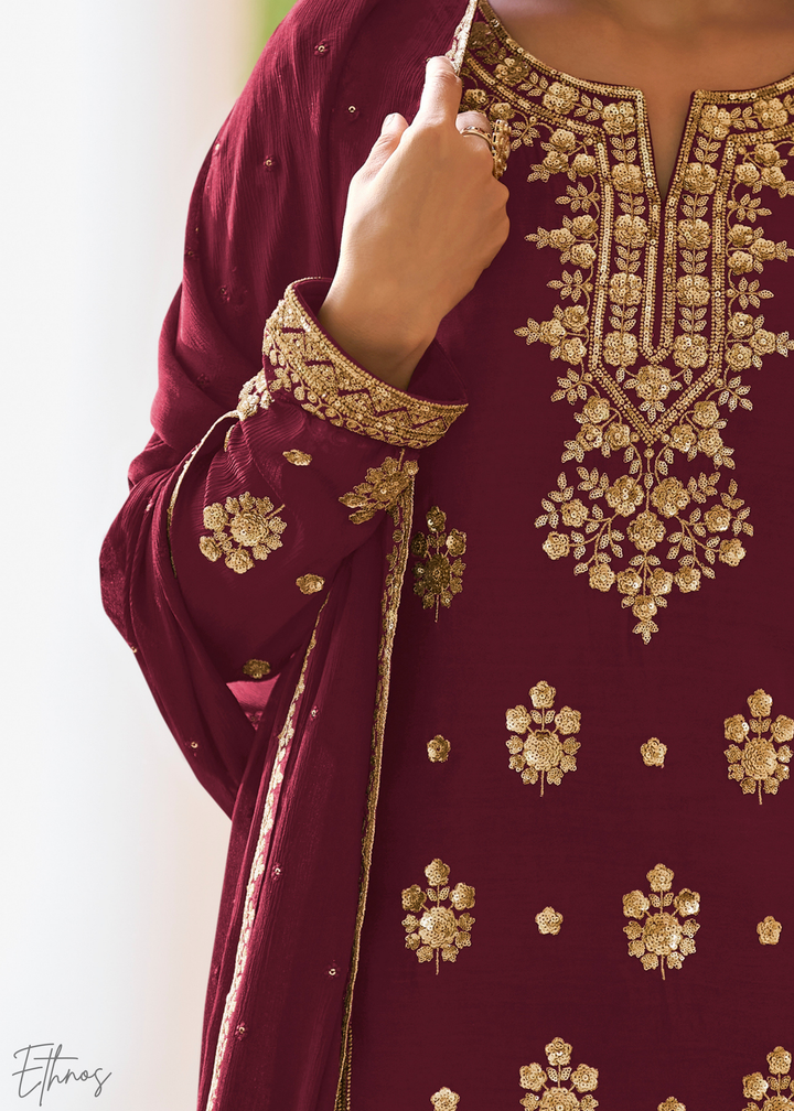 Maroon Embroidered Chinon Palazzo Suit
