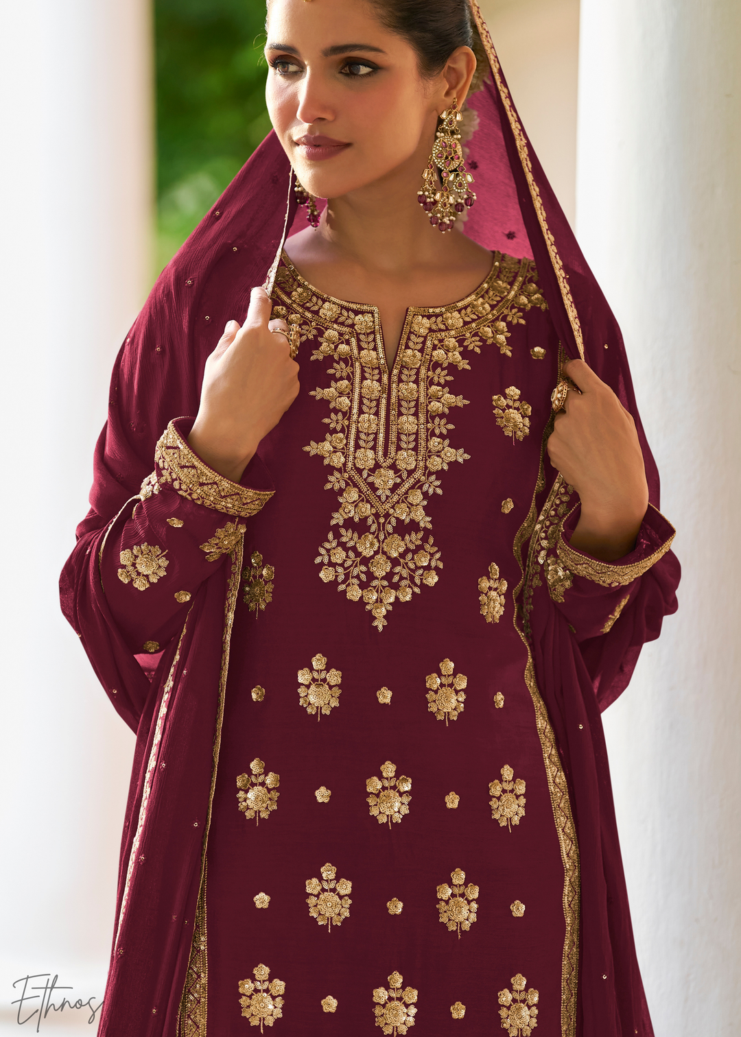 Maroon Embroidered Chinon Palazzo Suit